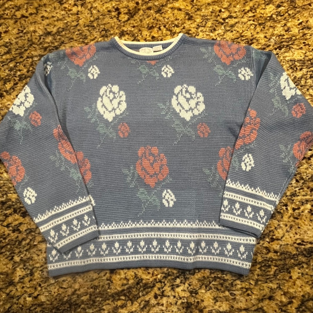 Cheryl Tiegs Vintage Blue Floral Rose Intarsia Knit Sweater Womens Medium 12686